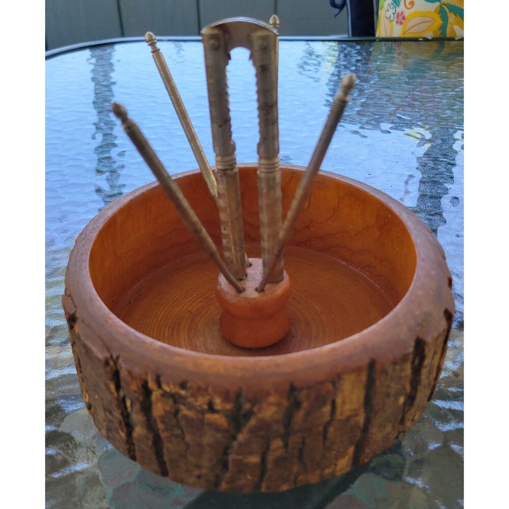 VTG MCM Nut Bowl and Cracker Set with Picks Wood Live Edge Tree Bark Rustic Set